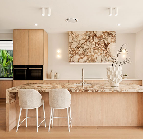 Custom Kitchen Cabinetry - Tarragindi Brisbane Custom cabinetry Tarragindi Brisbane featuring Polytec Blonde Oak Woodmatt kitchen joinery and stone benchtops.