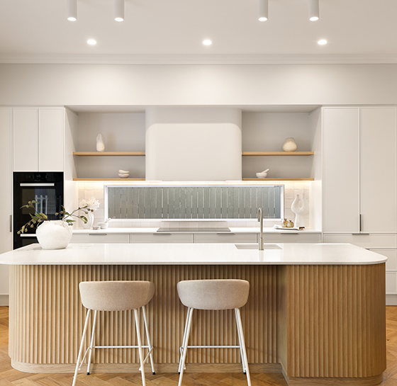 Custom cabinetry Tarragindi Brisbane featuring Polytec Blonde Oak Woodmatt kitchen joinery and stone benchtops.