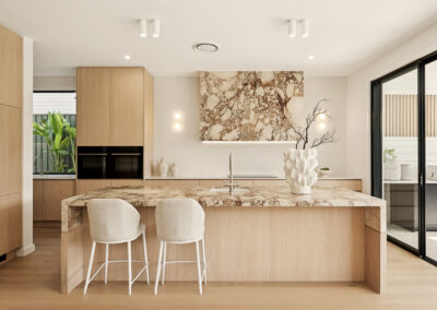 Custom cabinetry Tarragindi Brisbane featuring Polytec Blonde Oak Woodmatt kitchen joinery and stone benchtops.