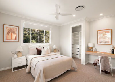 Bedroom in Grange with soft furnishings, neutral tones and natural light through sheer curtains