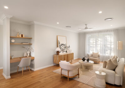 Study nook m in Grange with soft furnishings, neutral tones and natural light through sheer curtains